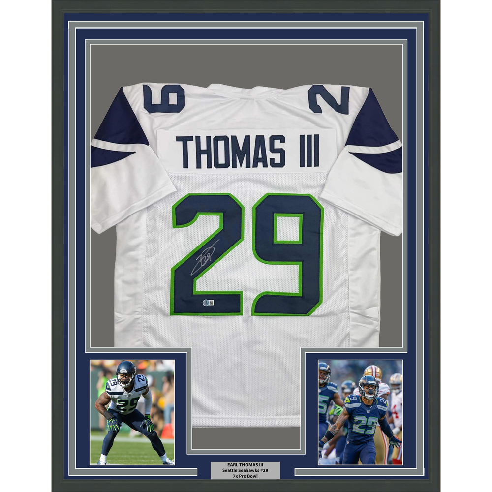 Framed Autographed/Signed Earl Thomas III 35x39 Seattle White Football Jersey Beckett BAS COA