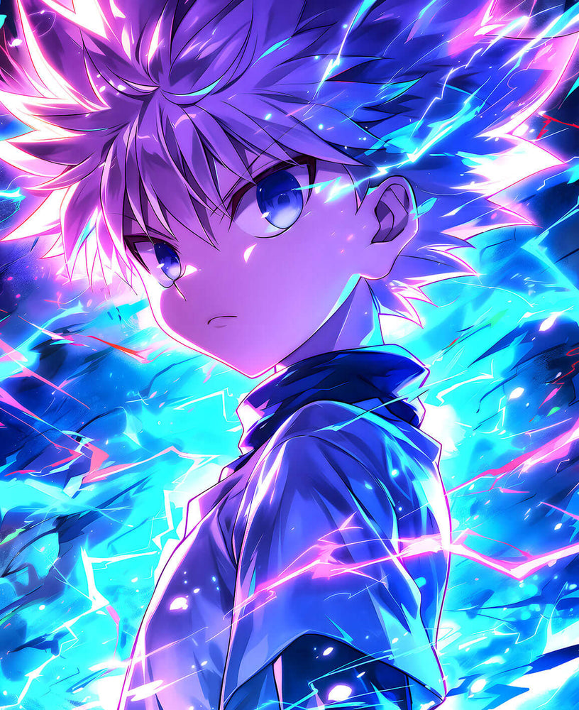Electrifying Lightning Warrior Digital Art Download – Dynamic Anime-Inspired Killua Zoldyck Action Design (ONLINE ORDER ONLY)