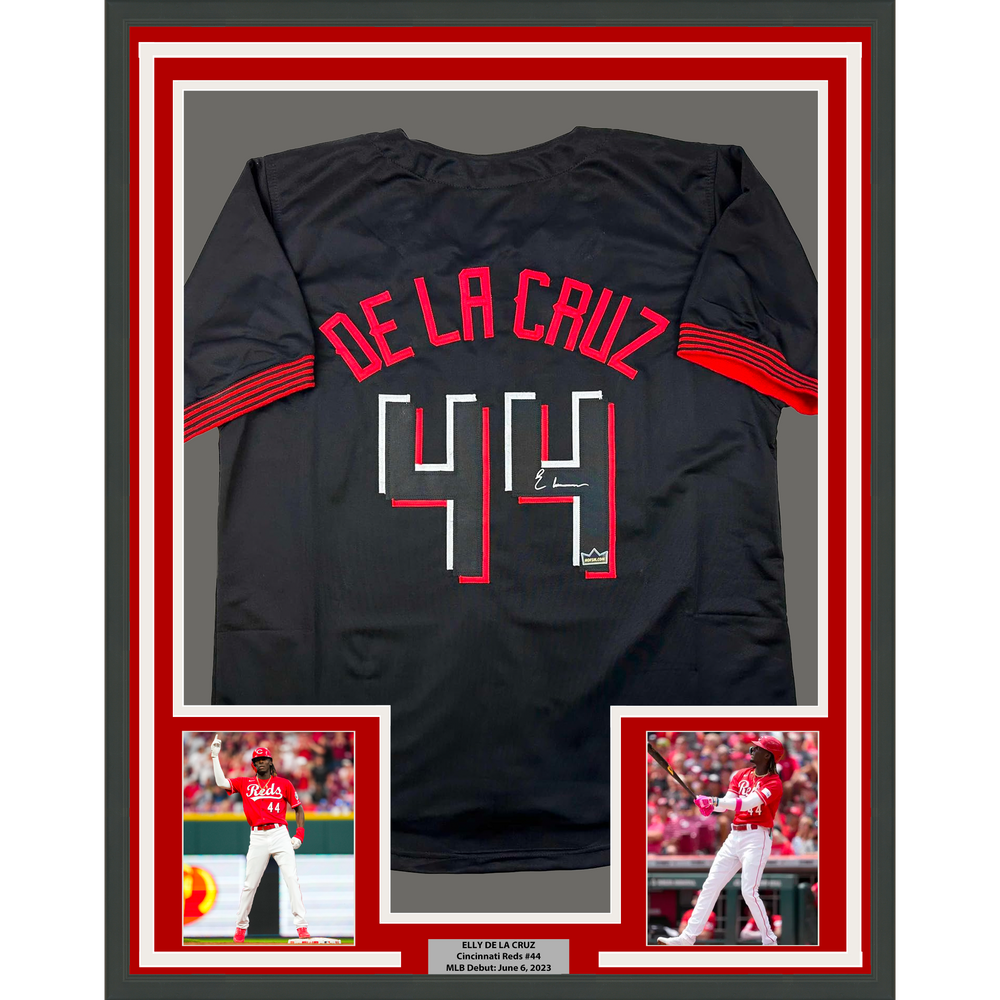 Framed Facsimile Autographed Elly De La Cruz 35x39 Cincinnati Black City Connect Reprint Laser Auto Baseball Jersey (ONLINE ORDER ONLY)