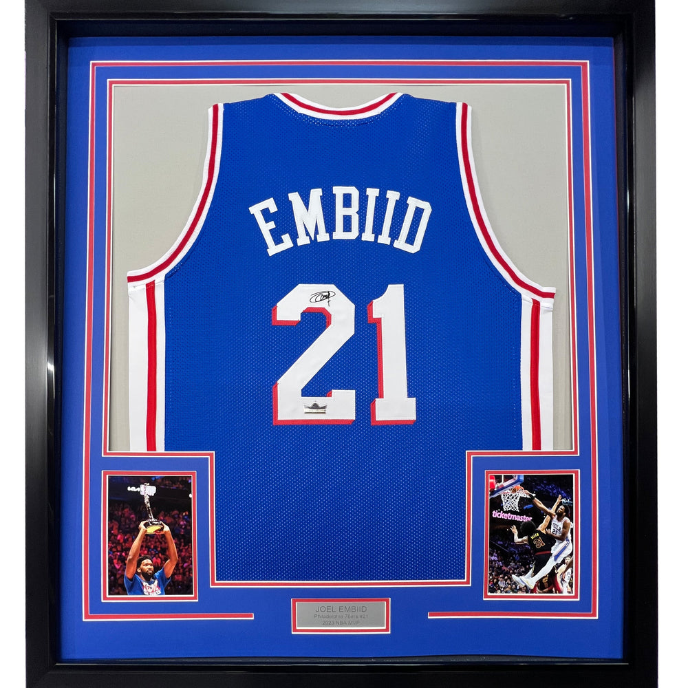 Framed Facsimile Autographed Joel Embiid 35x39 Philadelphia Blue Reprint Laser Auto Basketball Jersey (ONLINE ORDER ONLY)