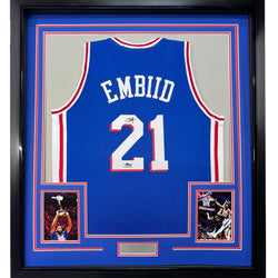 Framed Facsimile Autographed Joel Embiid 35x39 Philadelphia Blue Reprint Laser Auto Basketball Jersey (ONLINE ORDER ONLY)