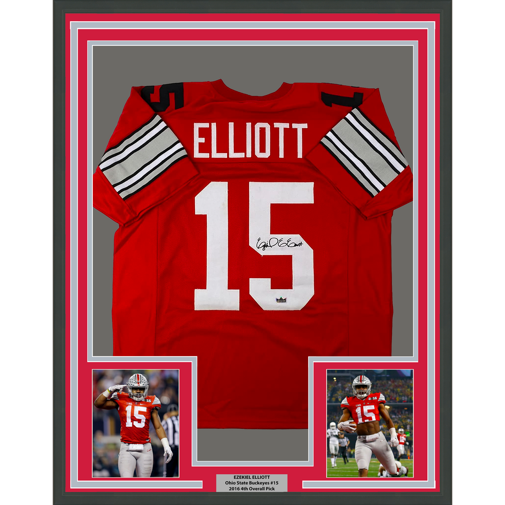 Framed Facsimile Autographed Ezekiel Elliott 35x39 Ohio State Red Reprint Laser Auto College Football Jersey Size Men's XL (ONLINE ORDER ONLY)
