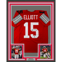 Framed Facsimile Autographed Ezekiel Elliott 35x39 Ohio State Red Reprint Laser Auto College Football Jersey Size Men's XL (ONLINE ORDER ONLY)