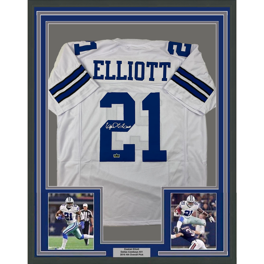 Framed Facsimile Autographed Ezekiel Elliott 35x39 Dallas White Reprint Laser Auto Football Jersey Size Men's XL (ONLINE ORDER ONLY)
