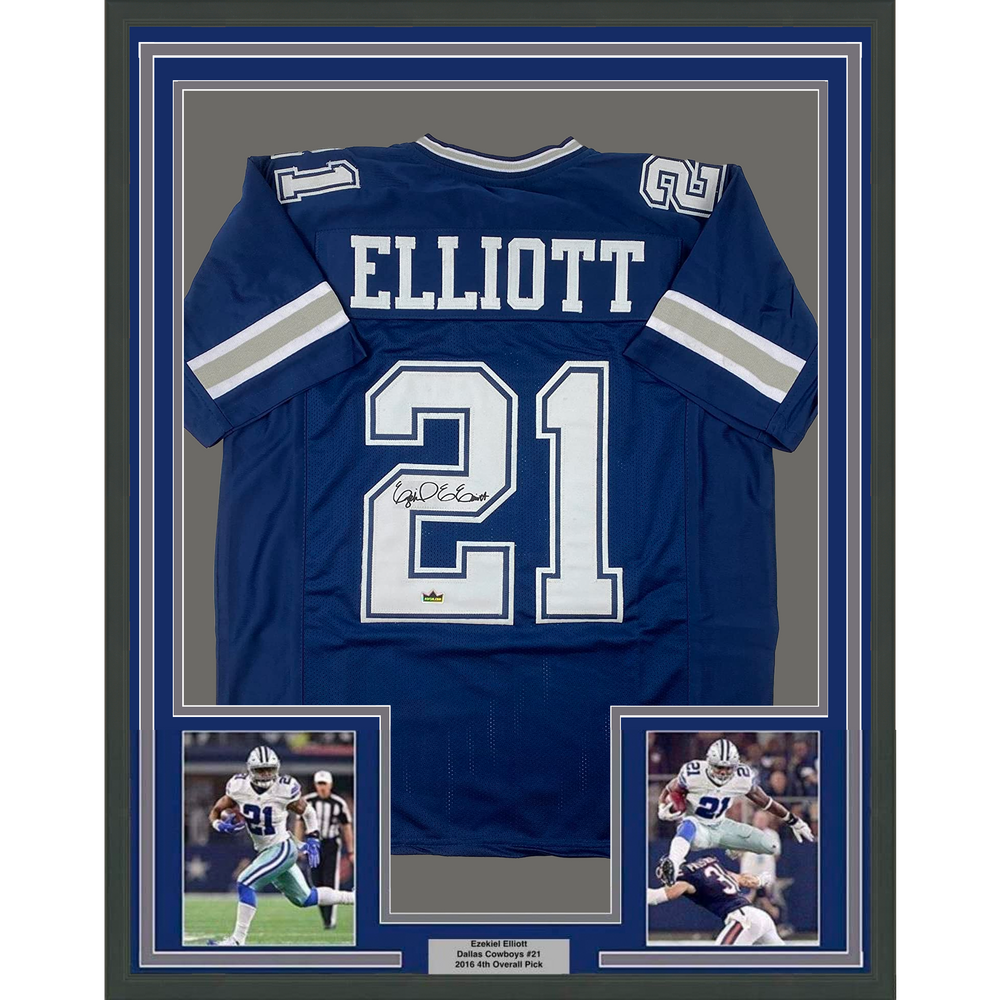 Framed Facsimile Autographed Ezekiel Elliott 35x39 Dallas Blue Reprint Laser Auto Football Jersey Size Men's XL (ONLINE ORDER ONLY)