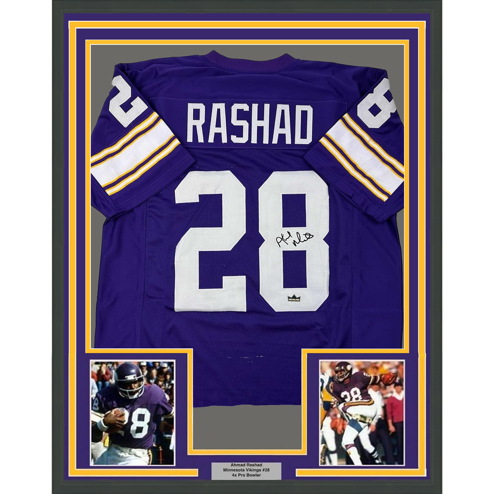 Framed Facsimile Autographed Ahmad Rashad 35x39 Minnesota Purple Reprint Laser Auto Football Jersey (ONLINE ORDER ONLY)