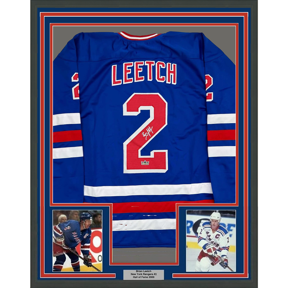 Framed Facsimile Autographed Brian Leetch 35x39 New York Blue Reprint Laser Auto Hockey Jersey (ONLINE ORDER ONLY)