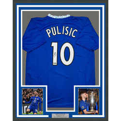 Framed Facsimile Autographed Christian Pulisic 35x39 Chelsea FC Blue Reprint Laser Auto Soccer Jersey (ONLINE ORDER ONLY)