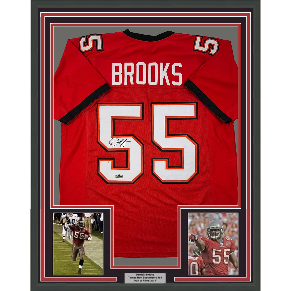 Framed Facsimile Autographed Derrick Brooks 35x39 Tampa Bay Red Reprint Laser Auto Football Jersey (ONLINE ORDER ONLY)