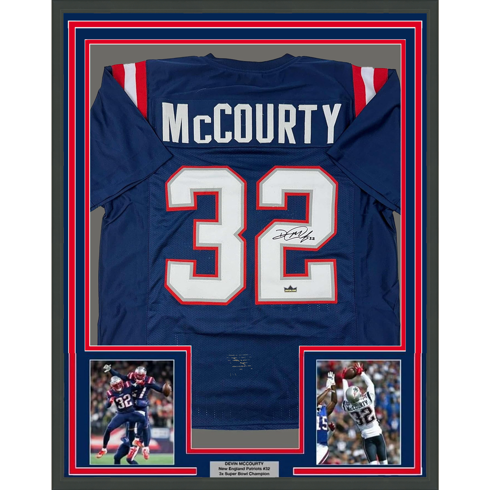 Framed Facsimile Autographed Devin McCourty 35x39 New England Blue Reprint Laser Auto Football Jersey (ONLINE ORDER ONLY)