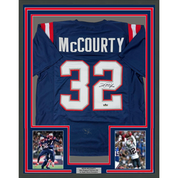 Framed Facsimile Autographed Devin McCourty 35x39 New England Blue Reprint Laser Auto Football Jersey (ONLINE ORDER ONLY)