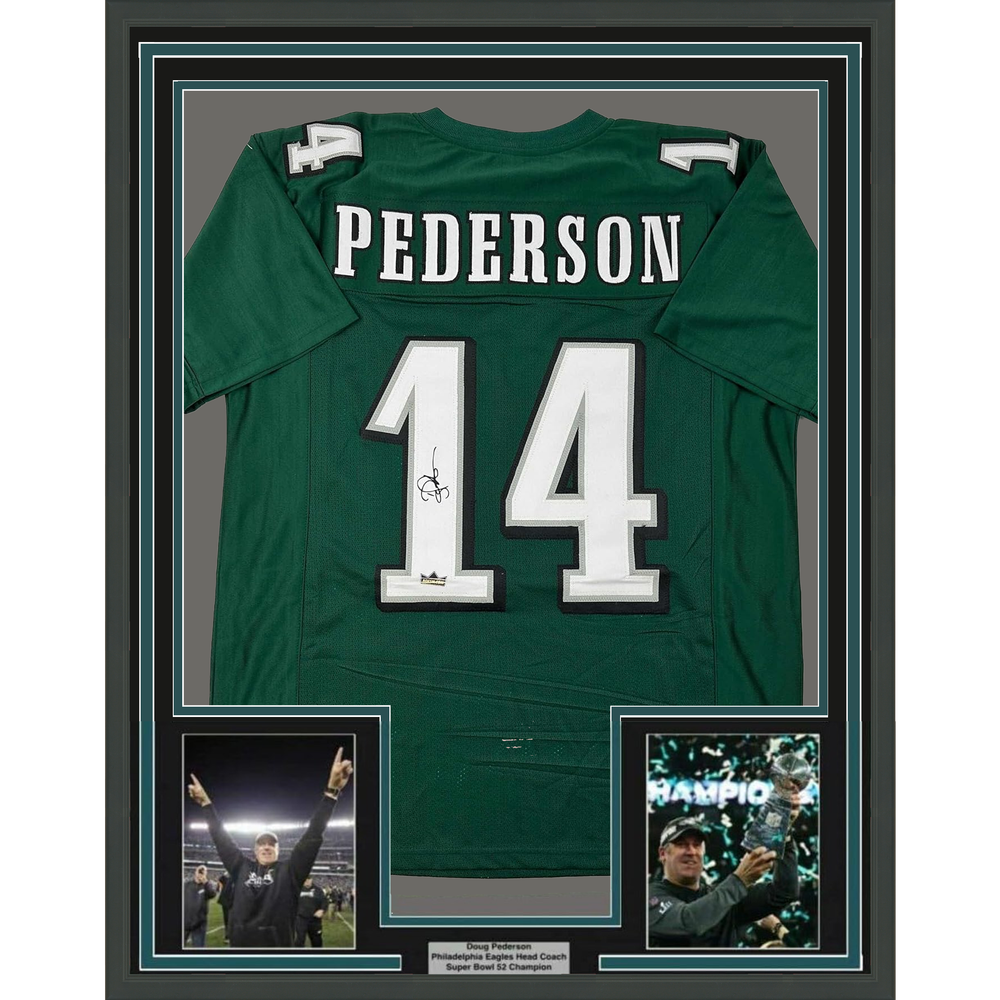 Framed Facsimile Autographed Doug Pederson 35x39 Philadelphia Green Reprint Laser Auto Football Jersey (ONLINE ORDER ONLY)