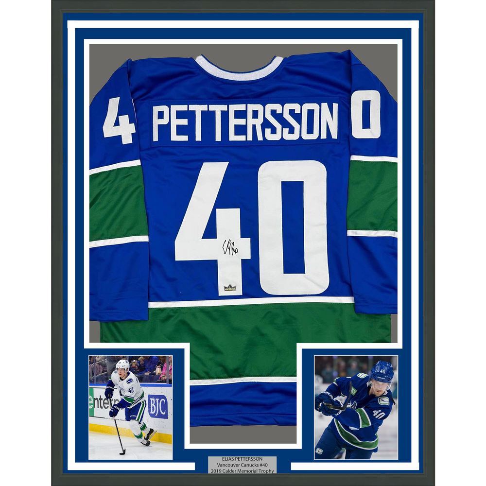 Framed Facsimile Autographed Elias Pettersson 35x39 Vancouver Blue Reprint Laser Auto Hockey Jersey (ONLINE ORDER ONLY)