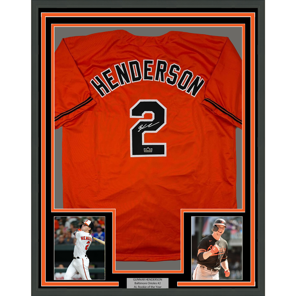 Framed Facsimile Autographed Gunnar Henderson 35x39 Baltimore Orange Reprint Laser Auto Baseball Jersey (ONLINE ORDER ONLY)