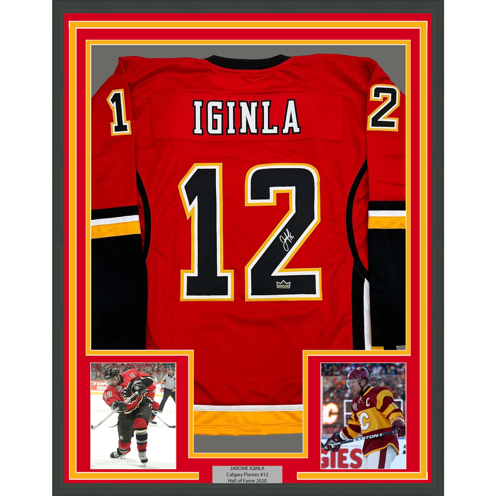 Framed Facsimile Autographed Jarome Iginla 35x39 Calgary Red Reprint Laser Auto Hockey Jersey (ONLINE ORDER ONLY)