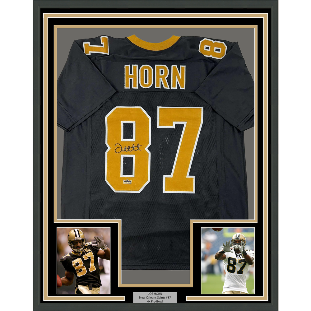 Framed Facsimile Autographed Joe Horn 35x39 New Orleans Black Reprint Laser Auto Football Jersey (ONLINE ORDER ONLY)