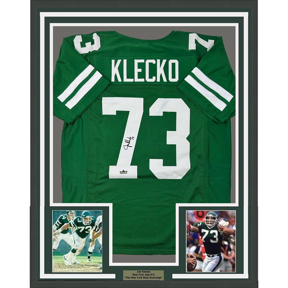 Framed Facsimile Autographed Joe Klecko 35x39 New York Green Reprint Laser Auto Football Jersey (ONLINE ORDER ONLY)