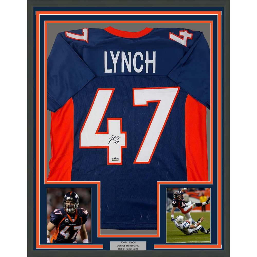 Framed Facsimile Autographed John Lynch 35x39 Denver Blue Reprint Laser Auto Football Jersey (ONLINE ORDER ONLY)