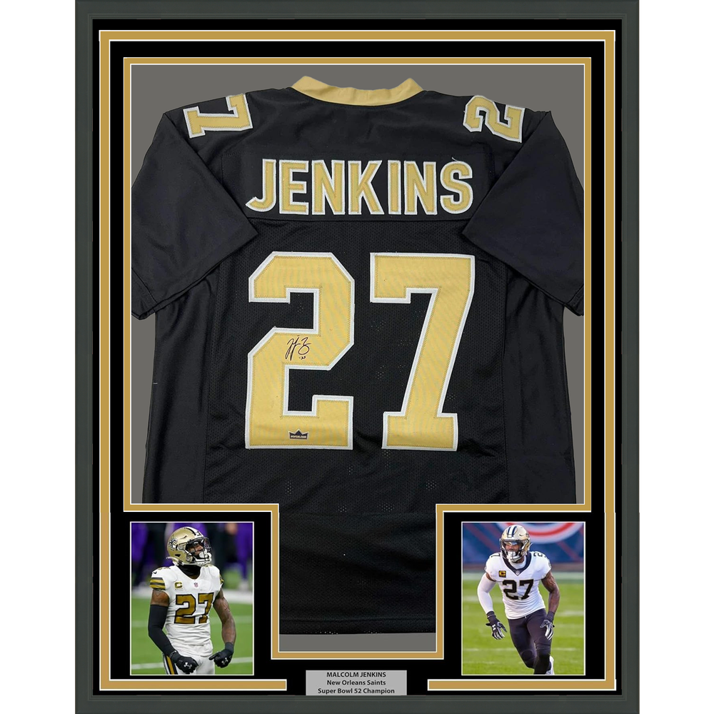 Framed Facsimile Autographed Malcolm Jenkins 35x39 New Orleans Black Reprint Laser Auto Football Jersey (ONLINE ORDER ONLY)