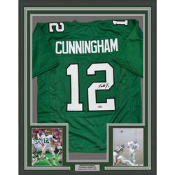 Framed Facsimile Autographed Randall Cunningham 35x39 Philadelphia Kelly Green Reprint Laser Auto Football Jersey (ONLINE ORDER ONLY)