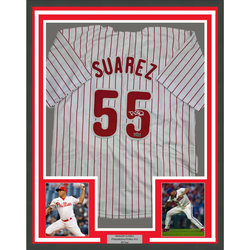 Framed Facsimile Autographed Ranger Suarez 35x39 Philadelphia Pinstripe Reprint Laser Auto Baseball Jersey (ONLINE ORDER ONLY)