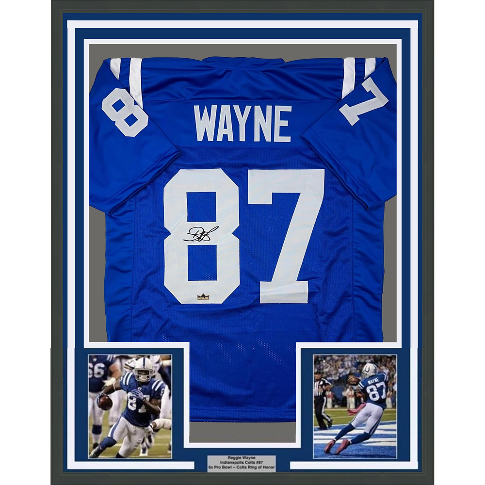 Framed Facsimile Autographed Reggie Wayne 35x39 Indianapolis Blue Reprint Laser Auto Football Jersey (ONLINE ORDER ONLY)