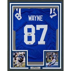 Framed Facsimile Autographed Reggie Wayne 35x39 Indianapolis Blue Reprint Laser Auto Football Jersey (ONLINE ORDER ONLY)