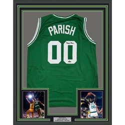 Framed Facsimile Autographed Robert Parish 35x39 Boston Green Reprint Laser Auto Basketball Jersey (ONLINE ORDER ONLY)