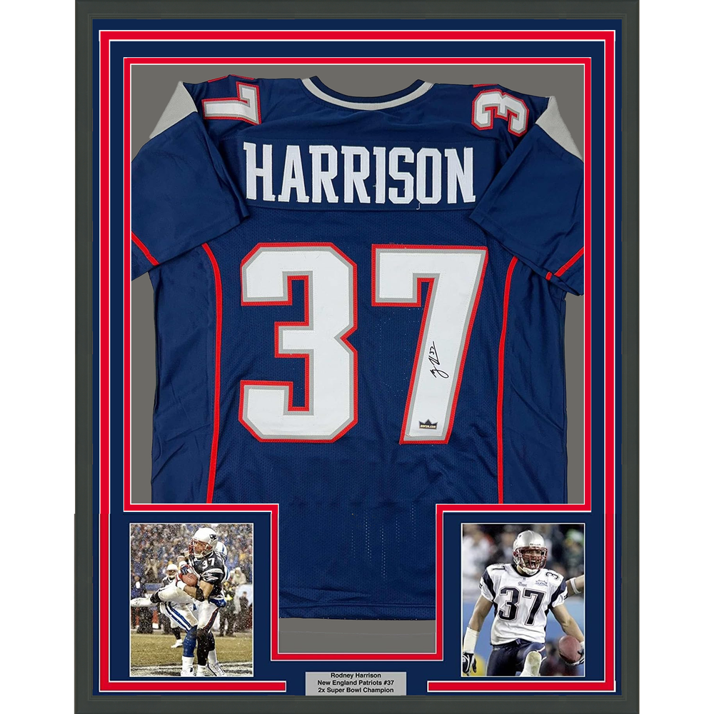 Framed Facsimile Autographed Rodney Harrison 35x39 New England Blue Reprint Laser Auto Football Jersey (ONLINE ORDER ONLY)