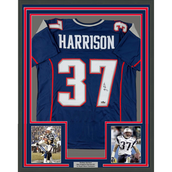 Framed Facsimile Autographed Rodney Harrison 35x39 New England Blue Reprint Laser Auto Football Jersey (ONLINE ORDER ONLY)