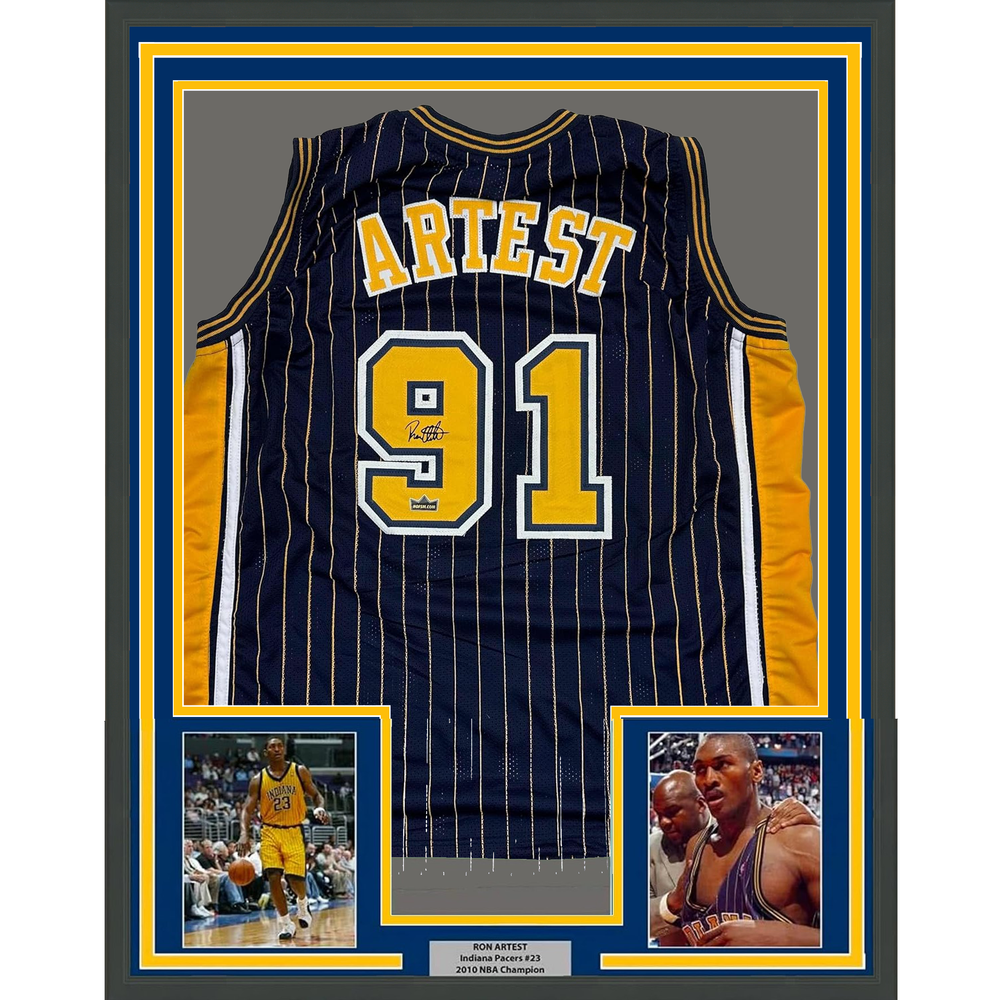 Framed Facsimile Autographed Ron Artest 35x39 Indiana Blue Pinstripe Reprint Laser Auto Basketball Jersey (ONLINE ORDER ONLY)