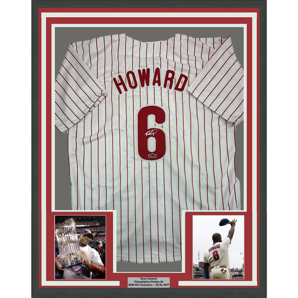 Framed Facsimile Autographed Ryan Howard 35x39 Philadelphia Pinstripe Reprint Laser Auto Baseball Jersey (ONLINE ORDER ONLY)