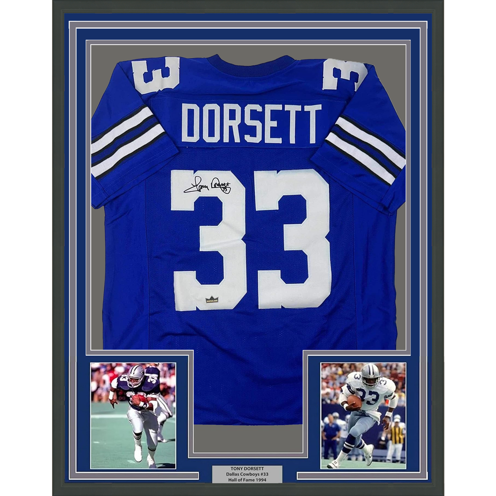 Framed Facsimile Autographed Tony Dorsett 35x39 Dallas Blue Reprint Laser Auto Football Jersey (ONLINE ORDER ONLY)
