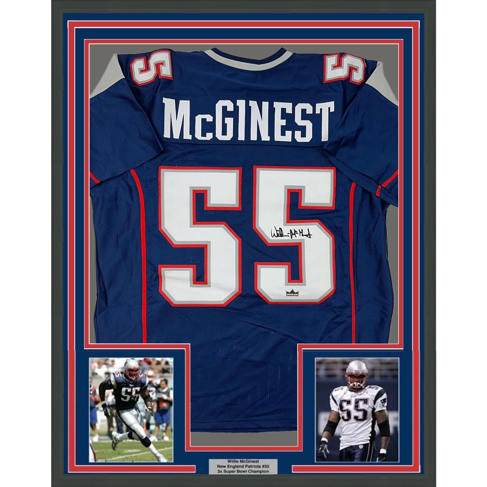 Framed Facsimile Autographed Willie McGinest 35x39 New England Blue Reprint Laser Auto Football Jersey (ONLINE ORDER ONLY)