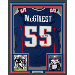 Framed Facsimile Autographed Willie McGinest 35x39 New England Blue Reprint Laser Auto Football Jersey (ONLINE ORDER ONLY)