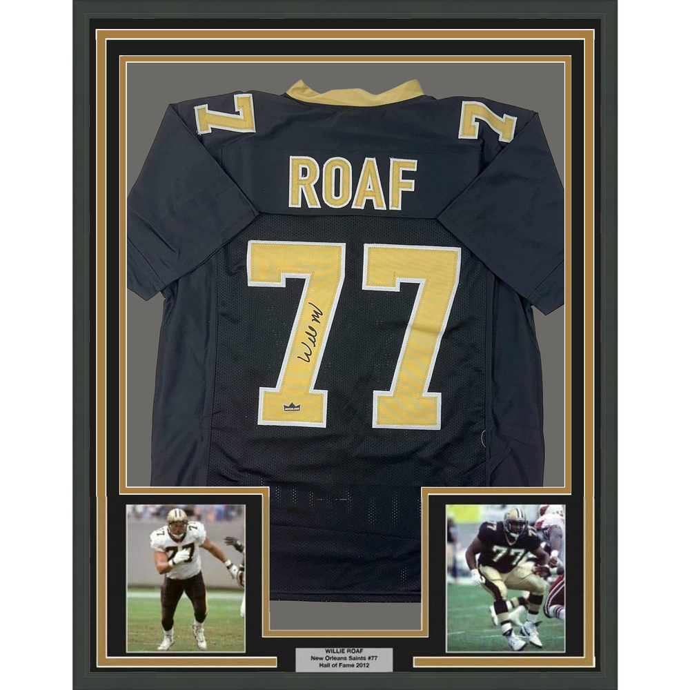 Framed Facsimile Autographed Willie Roaf 35x39 New Orleans Black Reprint Laser Auto Football Jersey (ONLINE ORDER ONLY)