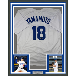 Framed Facsimile Autographed Yoshinobu Yamamoto 35x39 Los Angeles LA White Reprint Laser Auto Baseball Jersey (ONLINE ORDER ONLY)