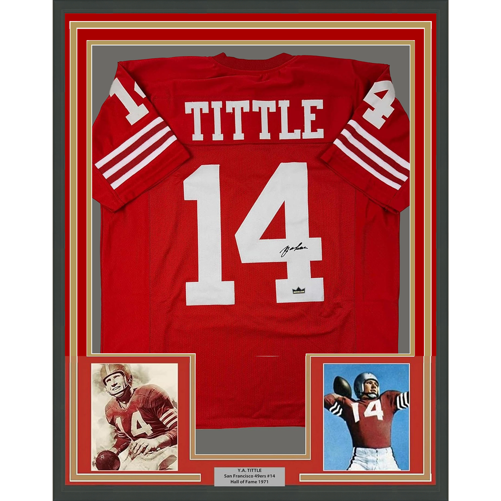 Framed Facsimile Autographed Y.A. YA Tittle 35x39 San Francisco Red Reprint Laser Auto Football Jersey (ONLINE ORDER ONLY)