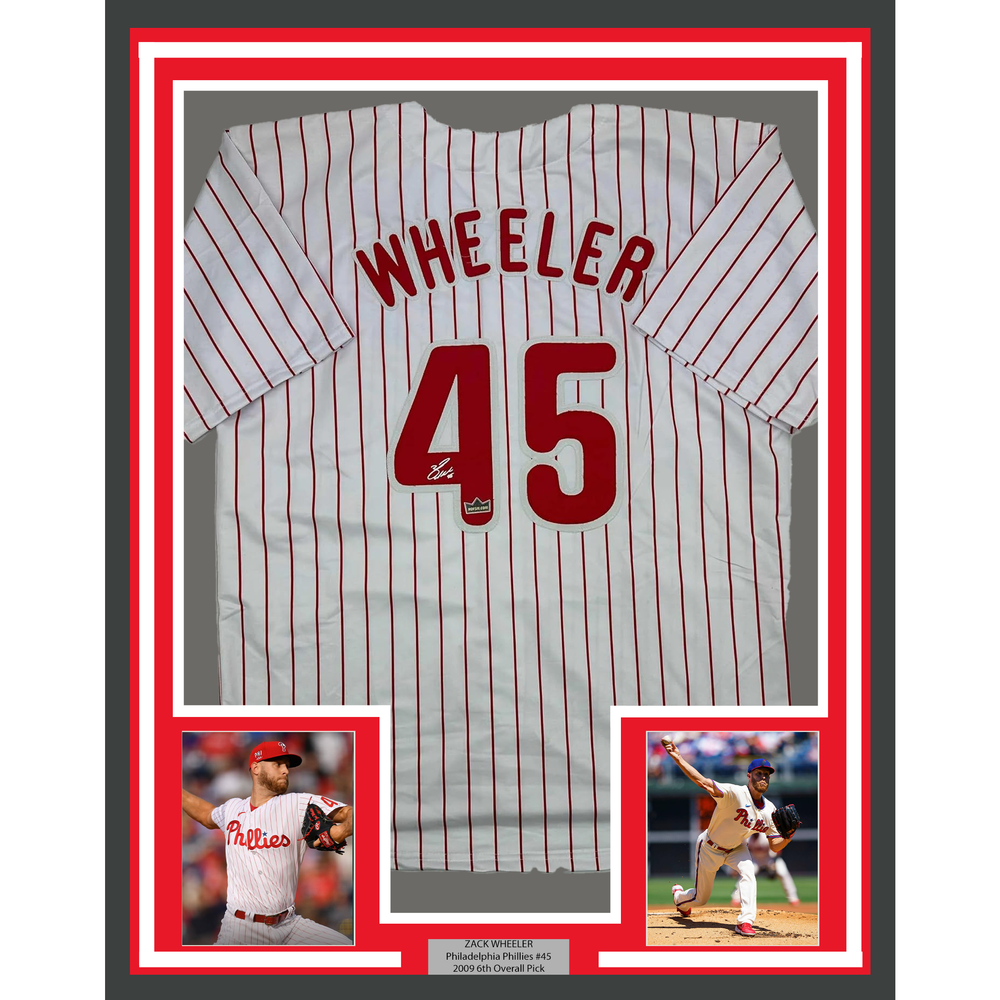 Framed Facsimile Autographed Zack Wheeler 35x39 Philadelphia Pinstripe Reprint Laser Auto Baseball Jersey (ONLINE ORDER ONLY)