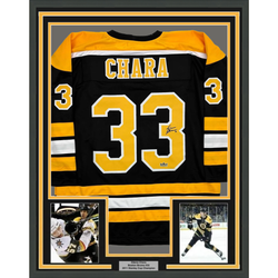 Framed Facsimile Autographed Zdeno Chara 35x39 Boston Black Reprint Laser Auto Hockey Jersey (ONLINE ORDER ONLY)