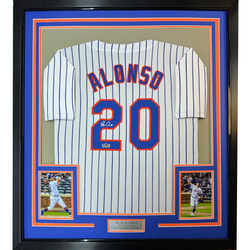 Framed Facsimile Autographed Pete Alonso 35x39 New York Pinstripe Reprint Laser Auto Baseball Jersey (ONLINE ORDER ONLY)