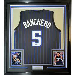 Framed Facsimile Autographed Paolo Banchero 35x39 Orlando Black Pinstripe Reprint Laser Auto Basketball Jersey (ONLINE ORDER ONLY)