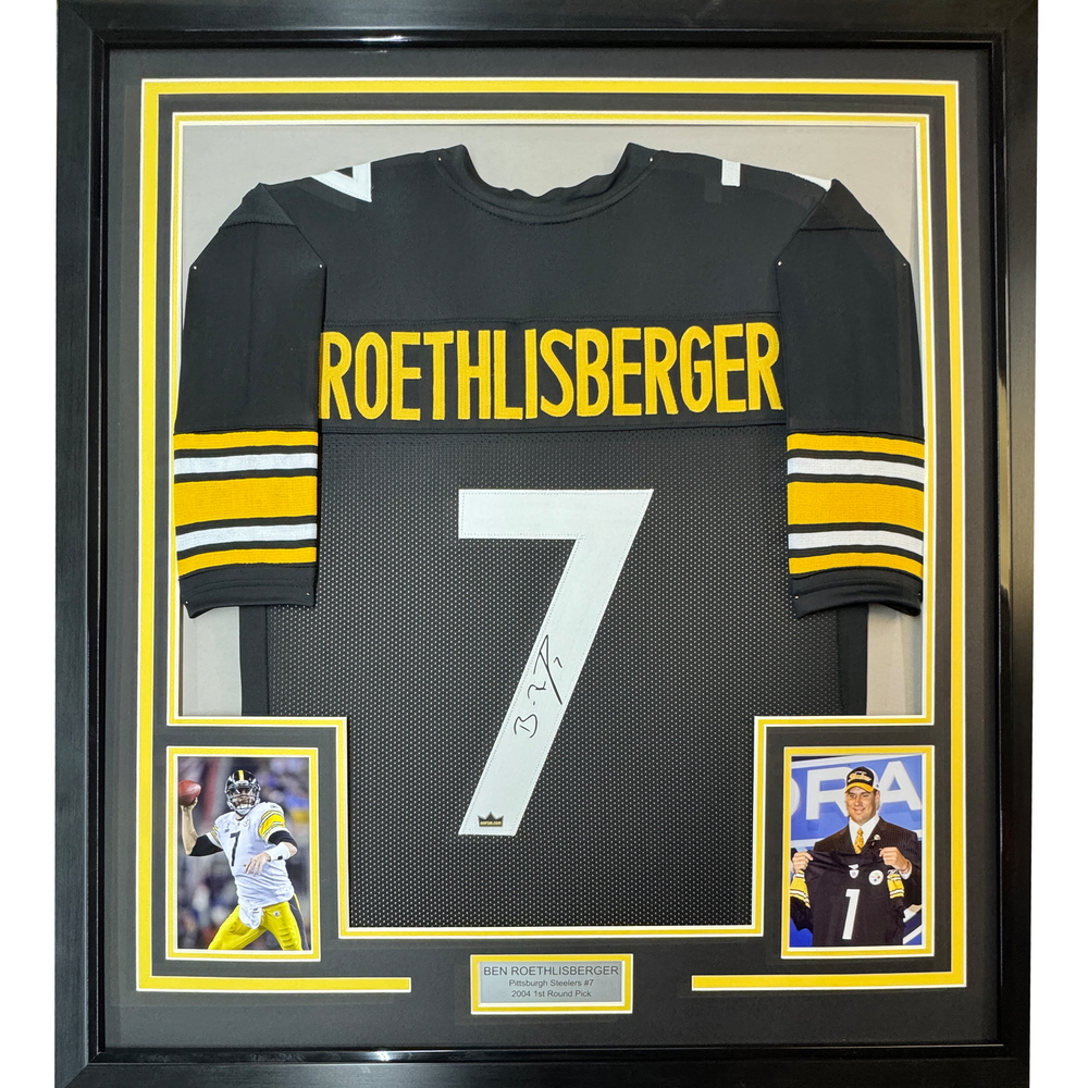 Framed Facsimile Autographed Ben Roethlisberger 35x39 Pittsburgh Black Reprint Laser Auto Football Jersey Size Men's XL (ONLINE ORDER ONLY)
