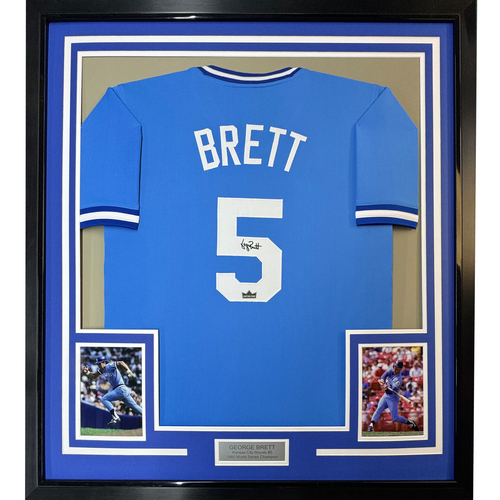 Framed Facsimile Autographed George Brett 35x39 Kansas City Blue Reprint Laser Auto Baseball Jersey (ONLINE ORDER ONLY)