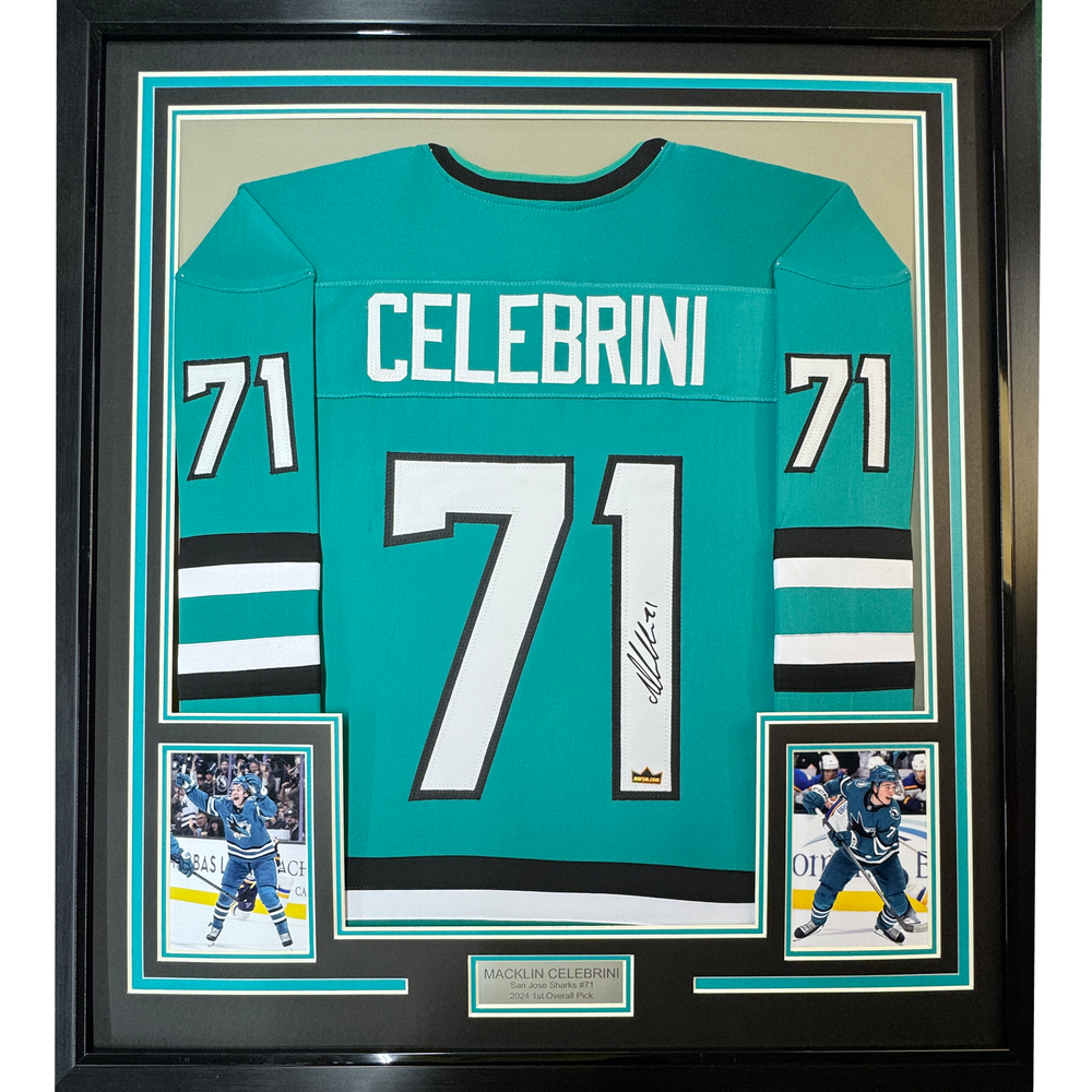 Framed Facsimile Autographed Macklin Celebrini 35x39 San Jose Teal Reprint Laser Auto Hockey Jersey (ONLINE ORDER ONLY)