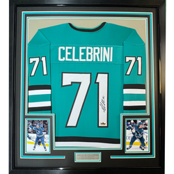 Framed Facsimile Autographed Macklin Celebrini 35x39 San Jose Teal Reprint Laser Auto Hockey Jersey (ONLINE ORDER ONLY)