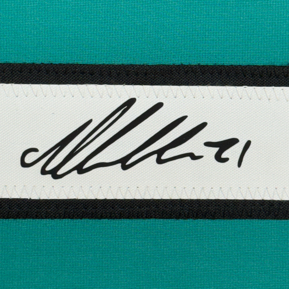 Framed Facsimile Autographed Macklin Celebrini 35x39 San Jose Teal Reprint Laser Auto Hockey Jersey (ONLINE ORDER ONLY)