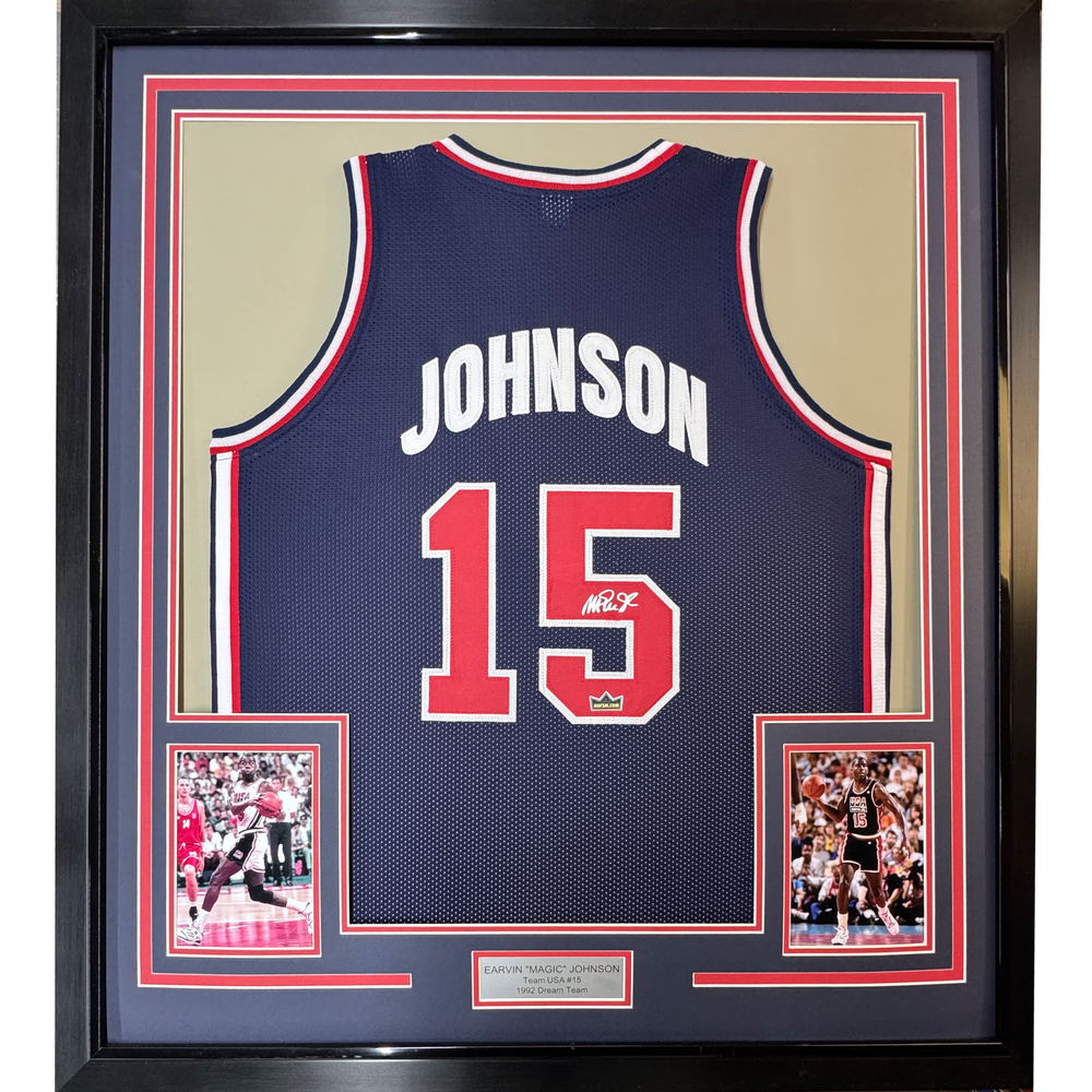 Framed Facsimile Autographed Earvin Magic Johnson 35x39 United States Team USA Olympics Blue Reprint Laser Auto Basketball Jersey (ONLINE ORDER ONLY)