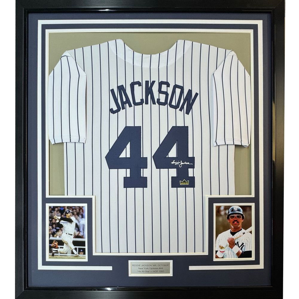 Framed Facsimile Autographed Reggie Jackson 35x39 New York Pinstripe Reprint Laser Auto Baseball Jersey (ONLINE ORDER ONLY)