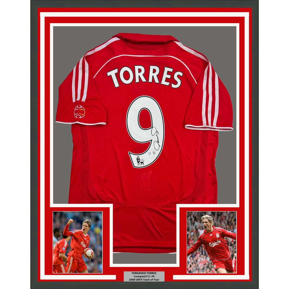 Framed Autographed/Signed Fernando Torres 35x39 Liverpool Red Soccer Jersey Beckett BAS COA